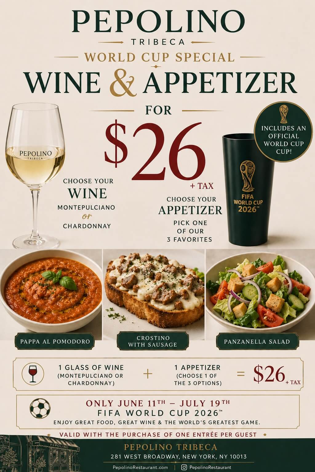 Pepolino Tribeca World Cup special: wine and appetizer for $26 plus tax, including the official FIFA World Cup 2026 cup.